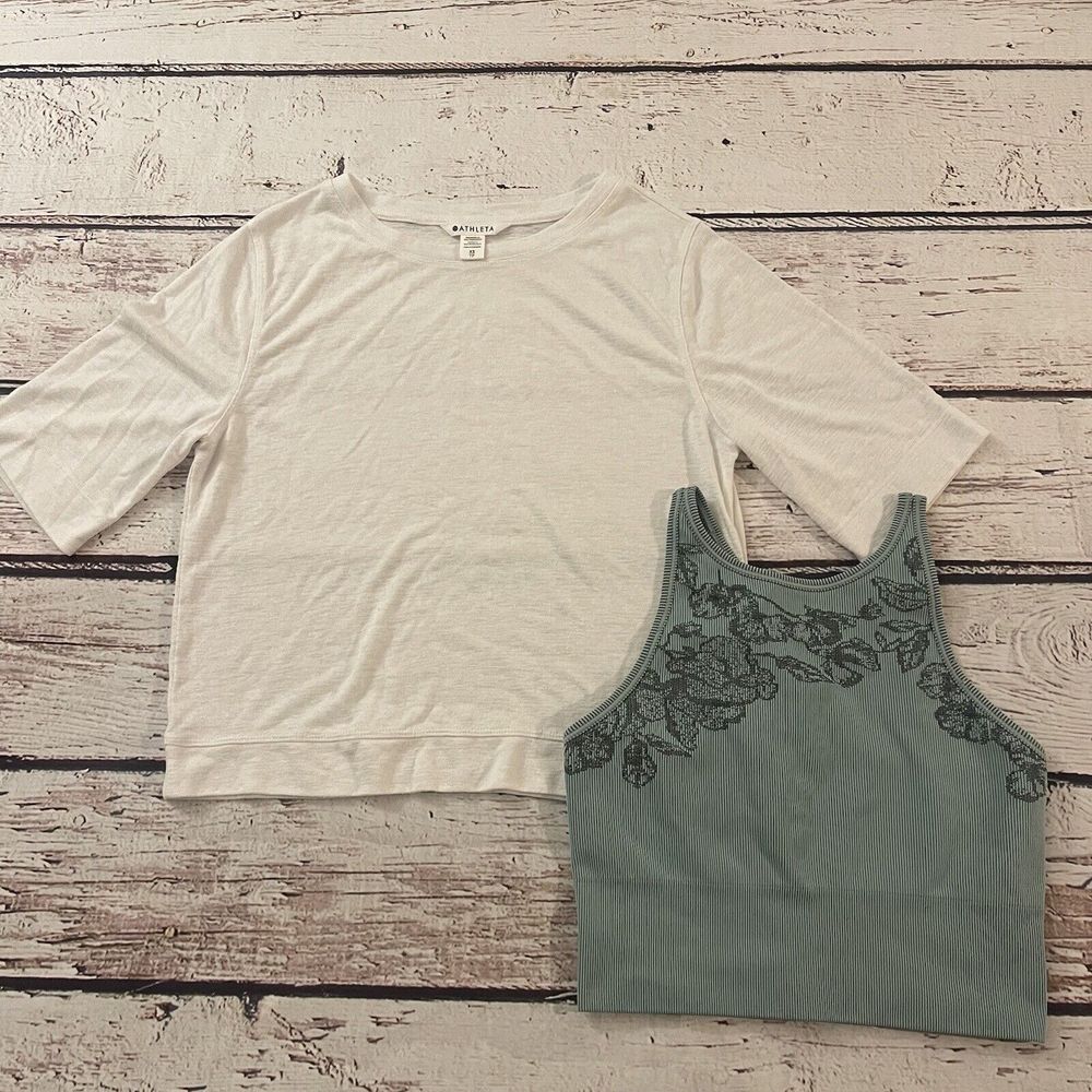 Athleta Aurora High Neck Crop Tank Top Ribbed Green & White Top Size Xs Lot Of 2